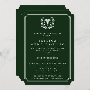 Dark Green Registered Nurse Caduceus+Laurel Wreath Invitation