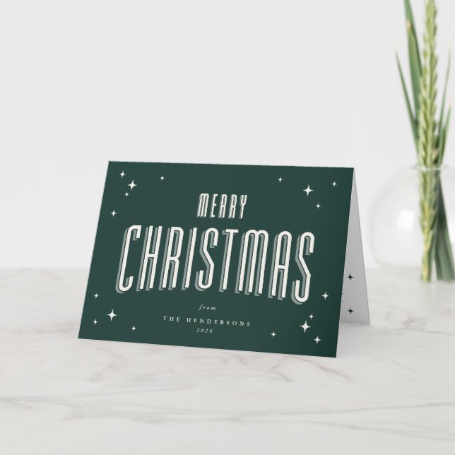 Dark Green Retro Stars Merry Christmas Photo Holiday Card (Front)