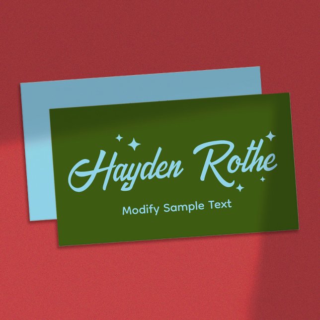 Dark Green Retro Typography Stars Business Card (retro typography and stars in dark green and pastel  blue design business cards)