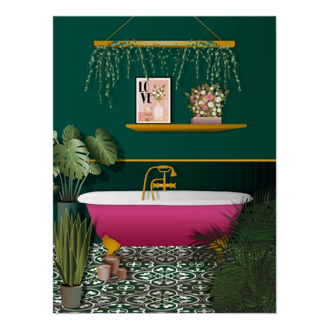 Dark Green Romantic Bathroom | Pink Bathtub Poster (Front)