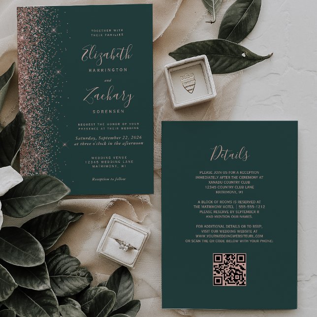 Dark Green Rose Gold Glitter QR Code Wedding Invitation (Creator Uploaded)