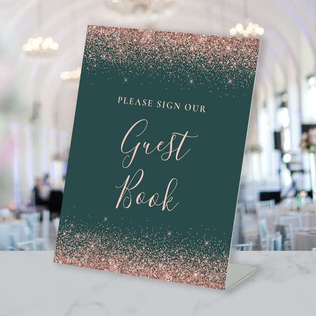 Dark Green Rose Gold Glitter Wedding Guest Book Pedestal Sign (Creator Uploaded)