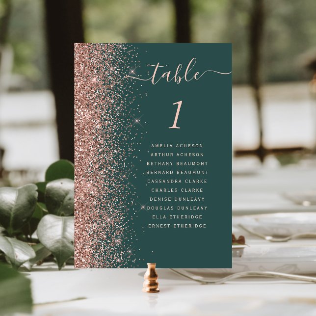 Dark Green Rose Gold Glitter Wedding Table Number (Creator Uploaded)