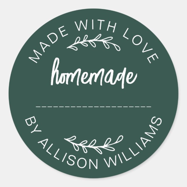 Dark Green Script Made With Love Homemade Food Jar Classic Round Sticker (Front)