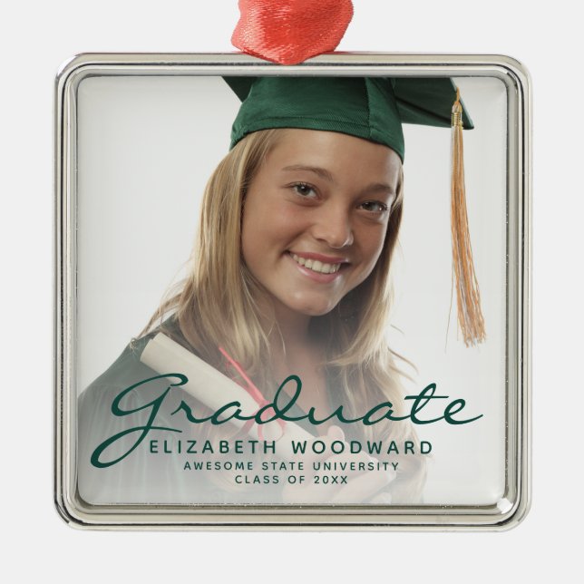 Dark Green Script Photo Graduation Keepsake Metal Tree Decoration (Front)