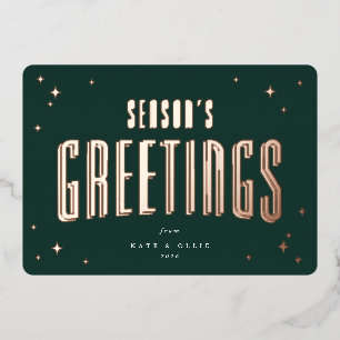 Dark Green Season's Greetings Retro Stars Flat Foil Holiday Card