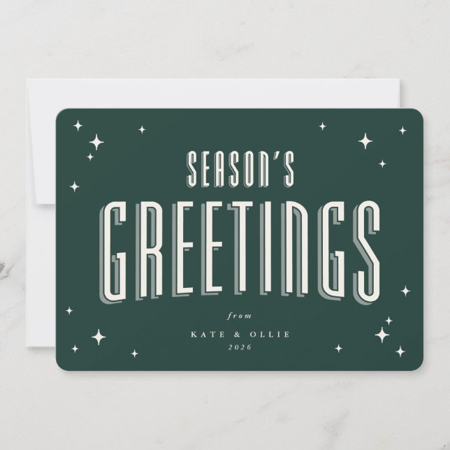 Dark Green Season's Greetings Retro Stars Flat Holiday Card (Front)