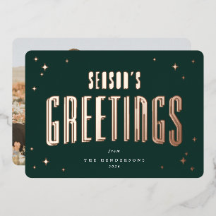 Dark Green Season's Greetings Retro Stars Photo  Foil Holiday Card