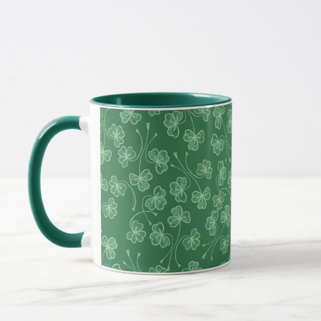 Dark Green Shamrocks Pattern Ringer Mug (Left)