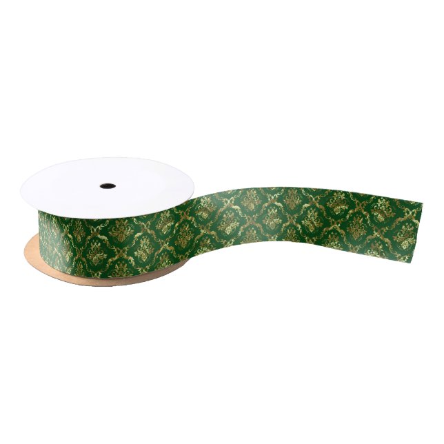 Dark Green & Shiny Gold Floral Damasks Satin Ribbon (Spool)