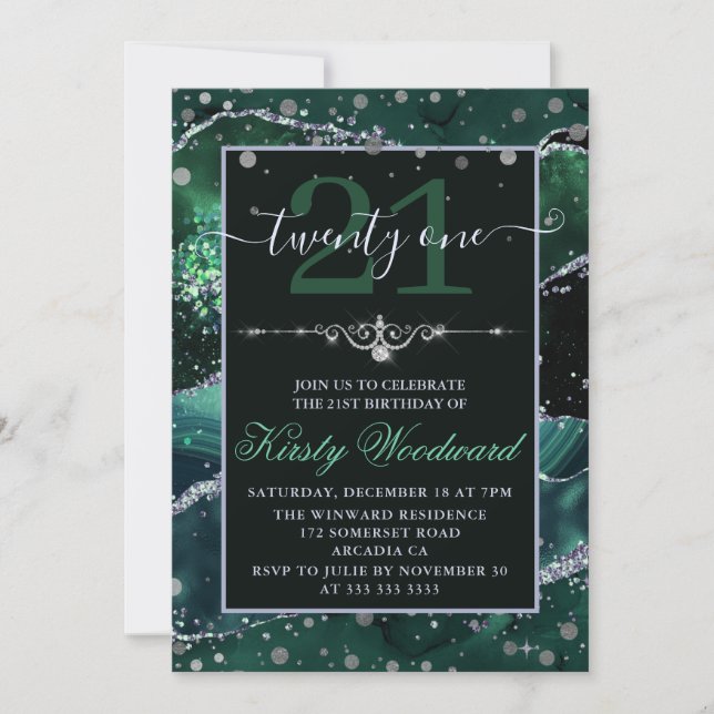 Dark Green & Silver Faux Glitter Agate Birthday Invitation (Front)