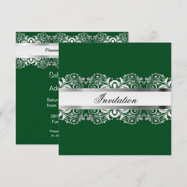 Dark Green & Silver Lace Party Invitations (Front/Back)