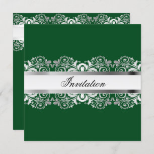 Dark Green & Silver Lace Party Invitations