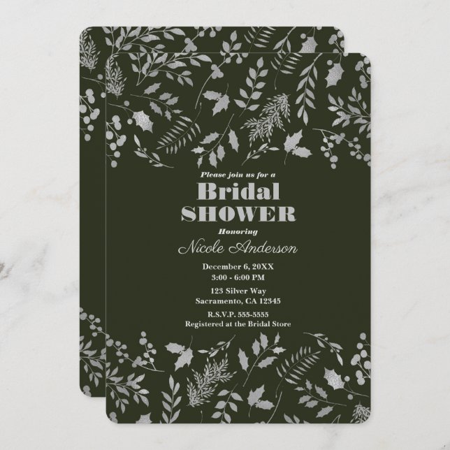 Dark Green Silver Leaves Botanical Bridal Shower Invitation (Front/Back)