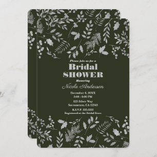 Dark Green Silver Leaves Botanical Bridal Shower Invitation