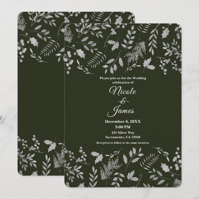 Dark Green & Silver Leaves Botanical Wedding Invitation (Front/Back)
