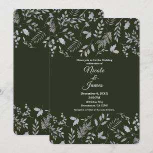 Dark Green & Silver Leaves Botanical Wedding Invitation