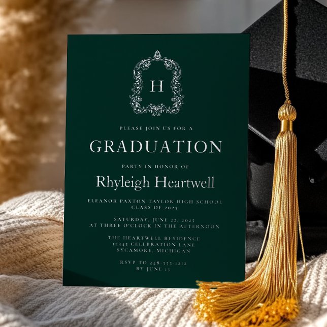 Dark Green Silver Monogram Crest Graduation Party (Creator Uploaded)