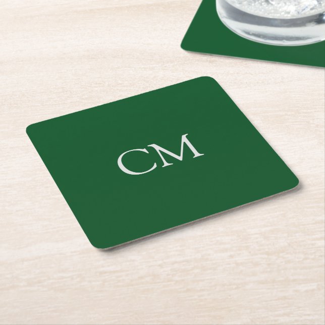 Dark green simple monogram square paper coaster (Angled)