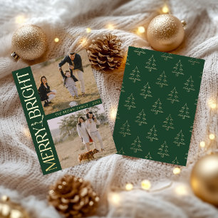 Dark Green Simple Photo "Merry and Bright" Text Foil Holiday Card