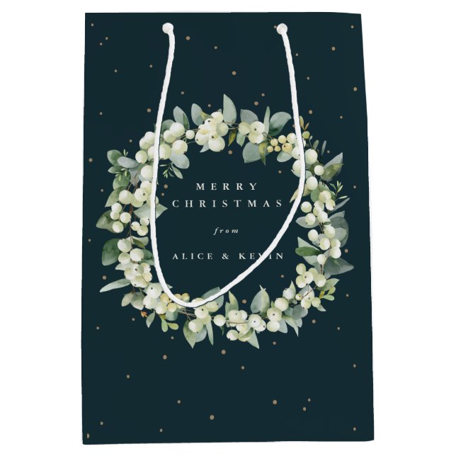 Dark Green Snowberry+Eucalyptus Christmas/Holiday Medium Gift Bag (Front)