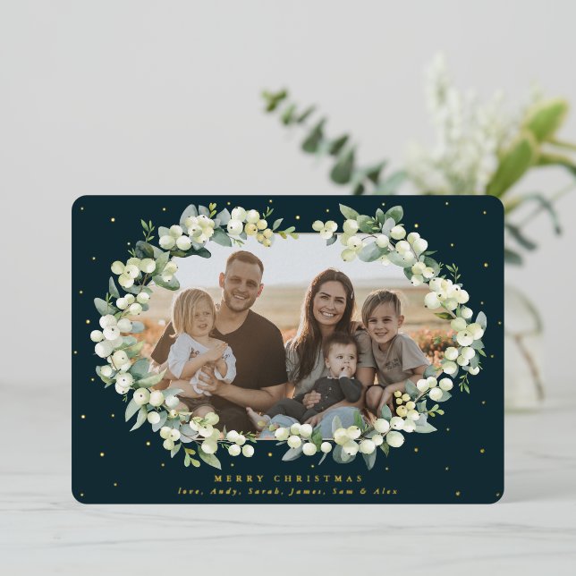 Dark Green Snowberry + Eucalyptus Christmas Photo Foil Holiday Card (Standing Front)