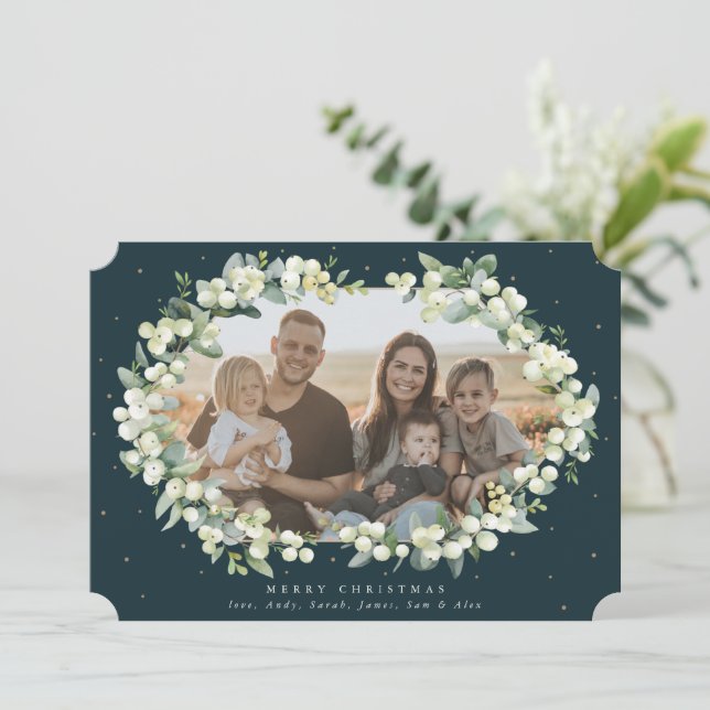 Dark Green Snowberry + Eucalyptus Christmas Photo Holiday Card (Standing Front)