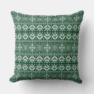 Dark Green Snowflake & Floral Fair Isle Christmas Cushion
