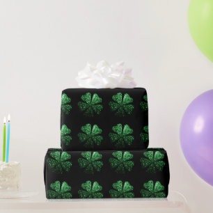 Dark Green sparkle Shamrock Clover pattern black Wrapping Paper