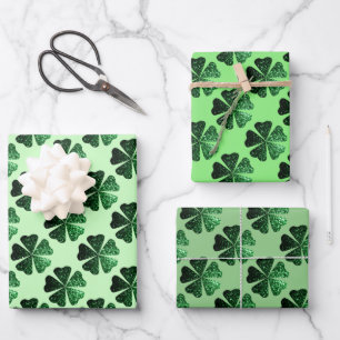 Dark Green sparkly Shamrock pattern 3 shades Wrapping Paper Sheet