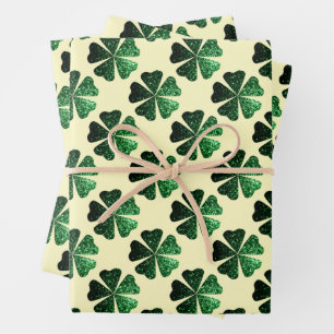 Dark Green sparkly Shamrock pattern light yellow Wrapping Paper Sheet
