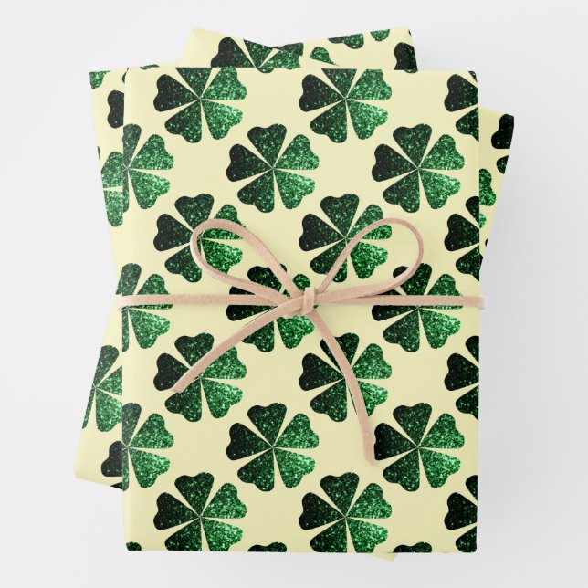 Dark Green sparkly Shamrock pattern light yellow Wrapping Paper Sheet (In situ)