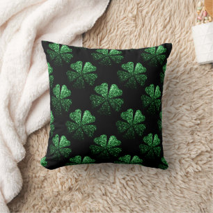 Dark Green sparkly Shamrock pattern on black Cushion