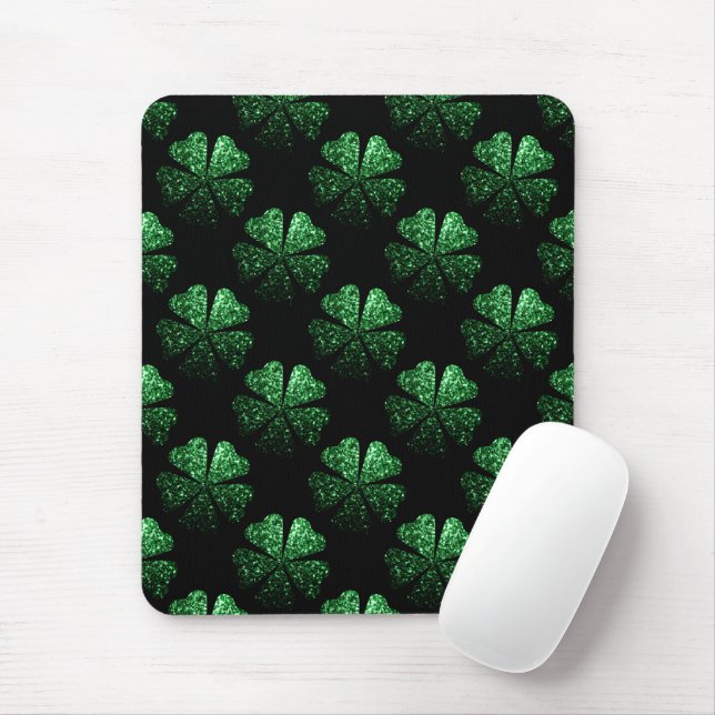 Dark Green sparkly Shamrock pattern on black Mouse Mat (With Mouse)