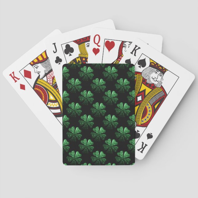 Dark Green sparkly Shamrock pattern on black Playing Cards (Back)