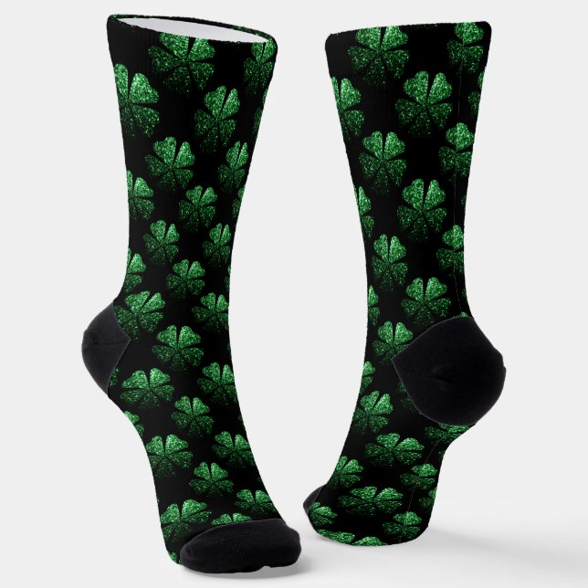 Dark Green sparkly Shamrock pattern on black Socks (Angled)