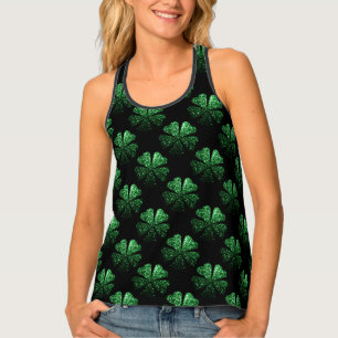 Dark Green sparkly Shamrock pattern on black Tank Top