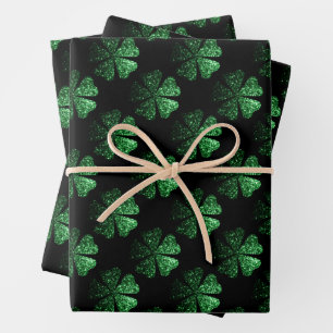 Dark Green sparkly Shamrock pattern on black Wrapping Paper Sheet