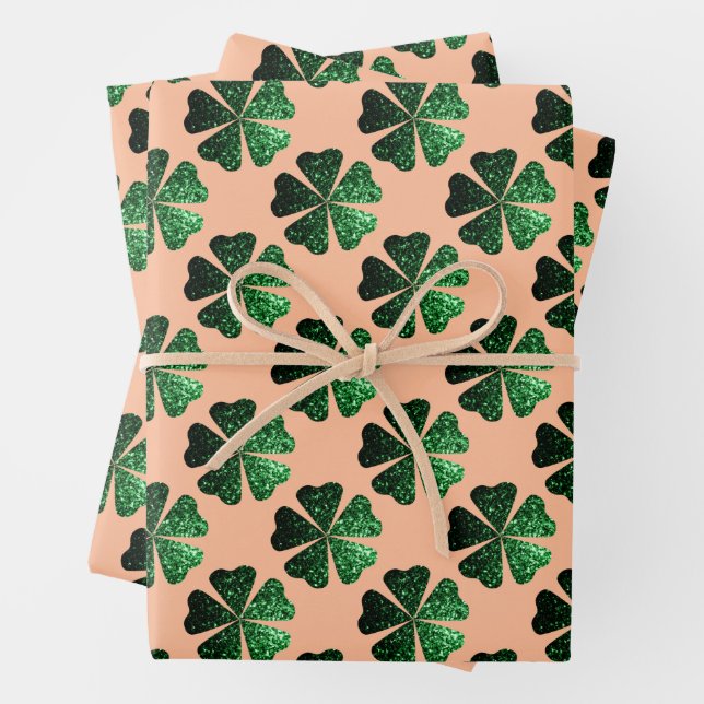 Dark Green sparkly Shamrock pattern on peach Wrapping Paper Sheet (In situ)