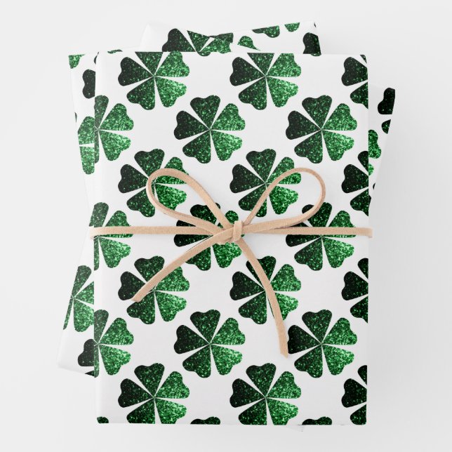 Dark Green sparkly Shamrock pattern on white Wrapping Paper Sheet (In situ)