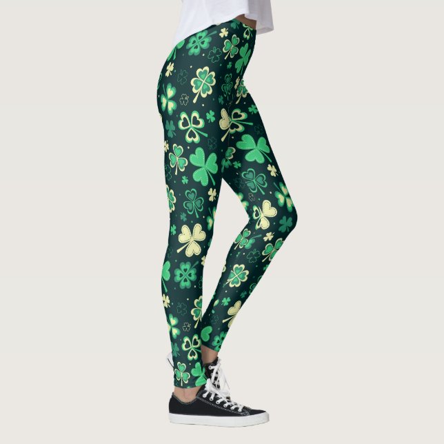 Dark green St Patrick lucky shamrock pattern Leggings (Right)