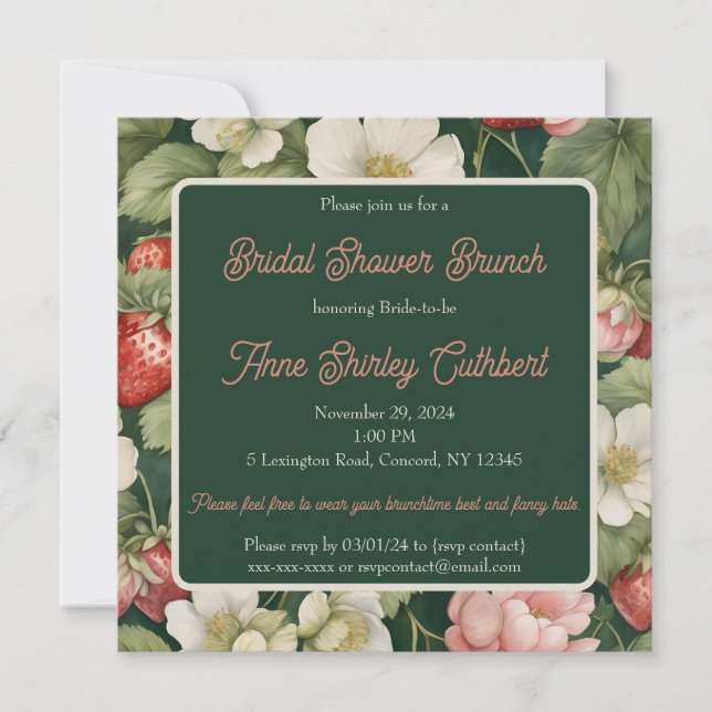 Dark Green Strawberries & Cream Bridal Shower  Invitation (Front)