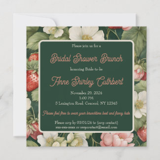 Dark Green Strawberries & Cream Bridal Shower  Invitation