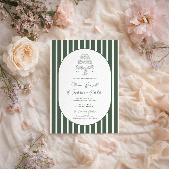 Dark Green Striped Cabana Preppy Wedding Invitation (Creator Uploaded)