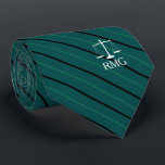 Dark Green Striped Custom Initials Lawyer Tie<br><div class="desc">Elegant green stripes judicial scales of justice custom initials tie.</div>