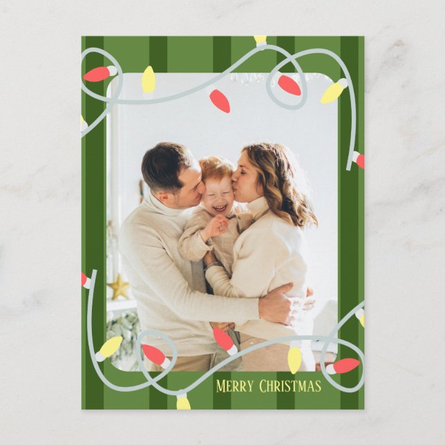 Dark Green Striped Family Photo Christmas Card (Front)