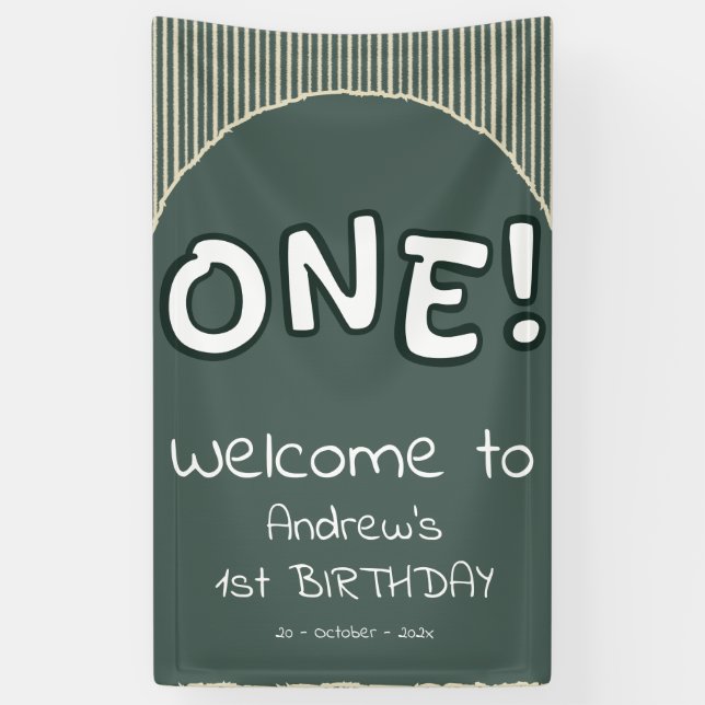 Dark Green Stripes 1st Birthday Banner (Vertical)