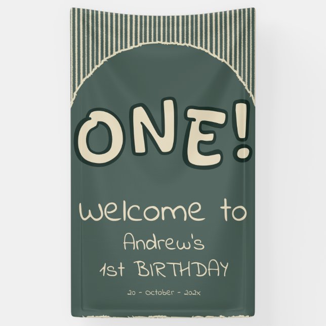 Dark Green Stripes 1st Birthday Banner (Vertical)