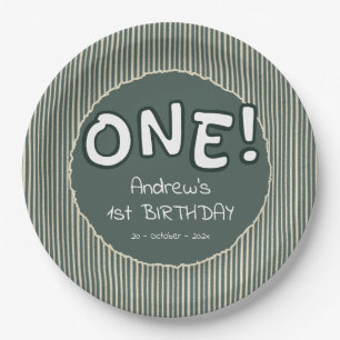 Dark Green Stripes 1st Birthday Paper Plate