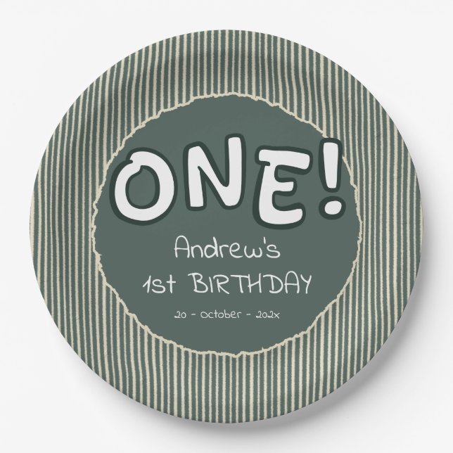 Dark Green Stripes 1st Birthday Paper Plate (Front)